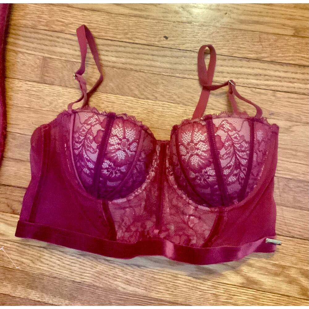 Red LACE velvet BUSTIER boned Bordeaux sheer corset padded pushup adjustable